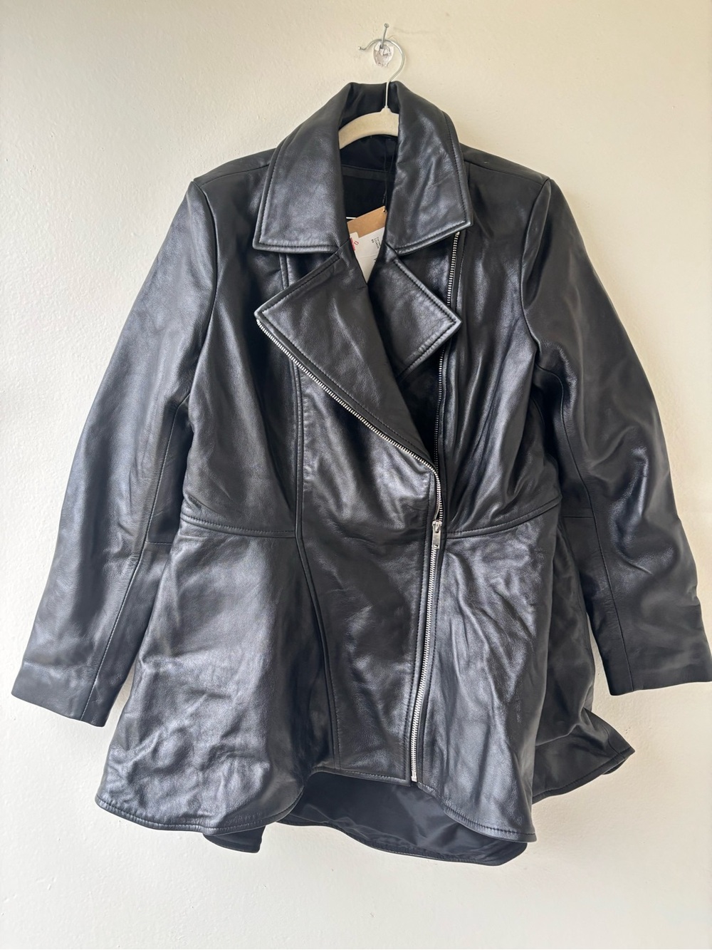 Black Leather Peplum Zip Women's Jacket